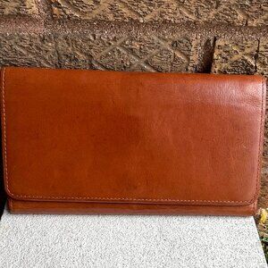 COACH Vintage 90s Water Buffalo Leather Tan Checkbook Clutch Continental Wallet